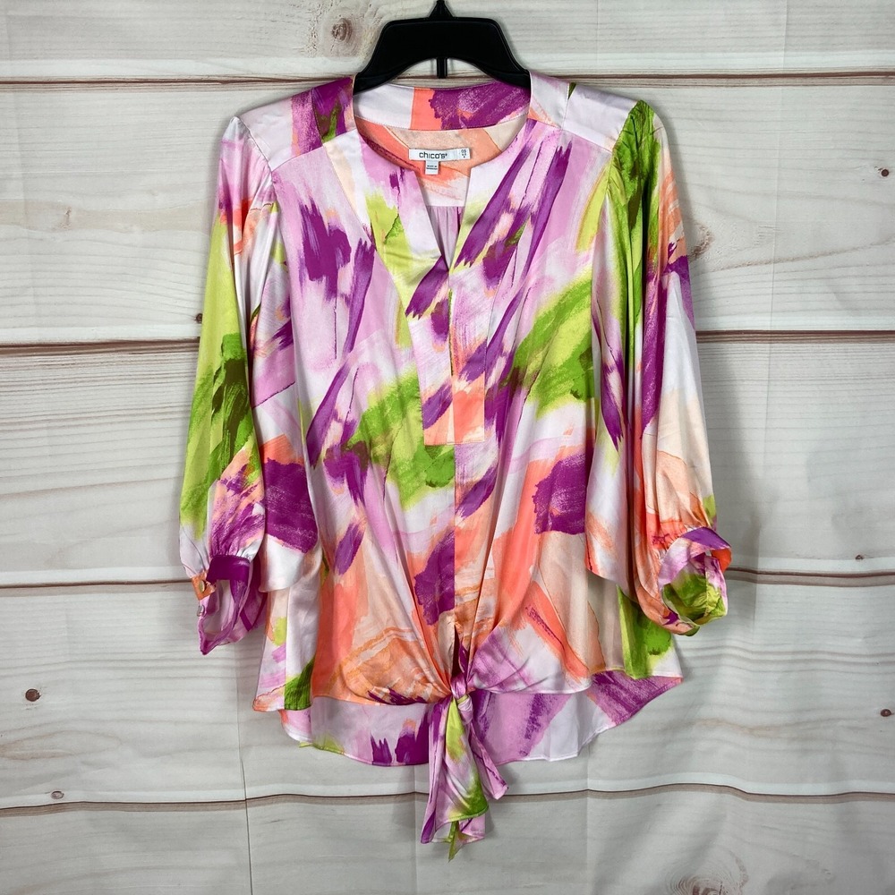 Chicos Top Womens 0.5 6 Satin Balloon Sleeve Blouse Tie Waist Colorful Pullover